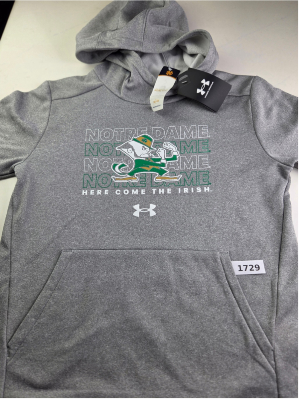 Youth Under Armour Notre Dame Hoodie Large Grey Green NWT New #1729